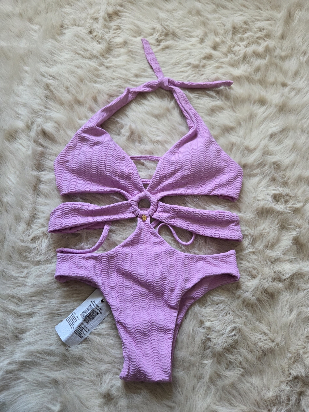 Textured Pink Cutout Halter One-Piece Swimsuit